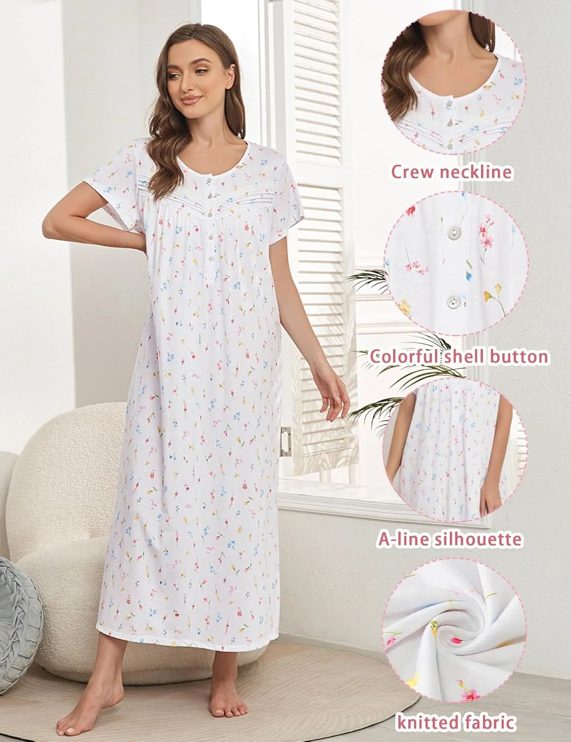 MZROCR Cotton Nightgowns for Women Soft Night Gowns for Adult Women Short Sleeves Sleepshirts Ladies Sleepwear