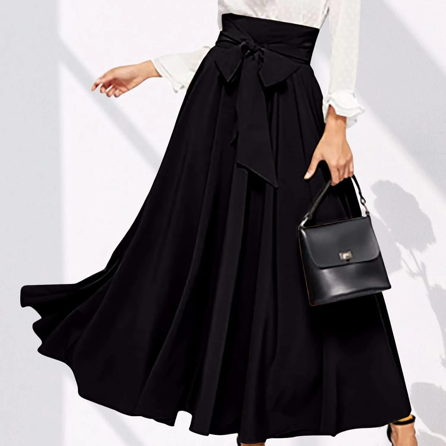 NATHGAM Women's Elegant High Waist Pleated Mini Skirt Cute Bow Flared Hem A-Line Uniform Skirts Formal Business Work Skirts