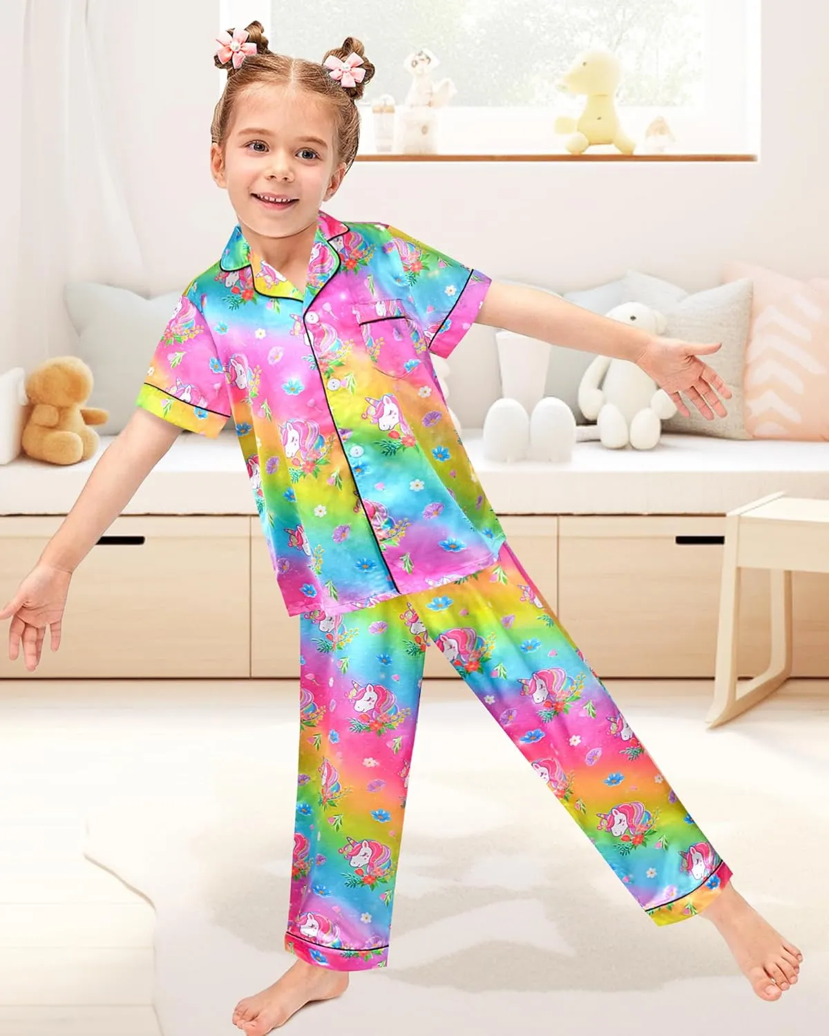 Nidoul Girls Pajamas Silky Short Sleeve Long Pants Cute Jammies Satin Sleepwear Pjs Set for Toddler Kids 3T-10Y
