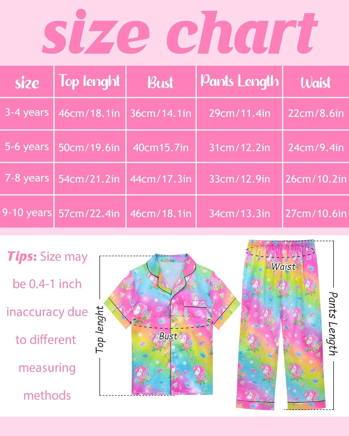 Nidoul Girls Pajamas Silky Short Sleeve Long Pants Cute Jammies Satin Sleepwear Pjs Set for Toddler Kids 3T-10Y