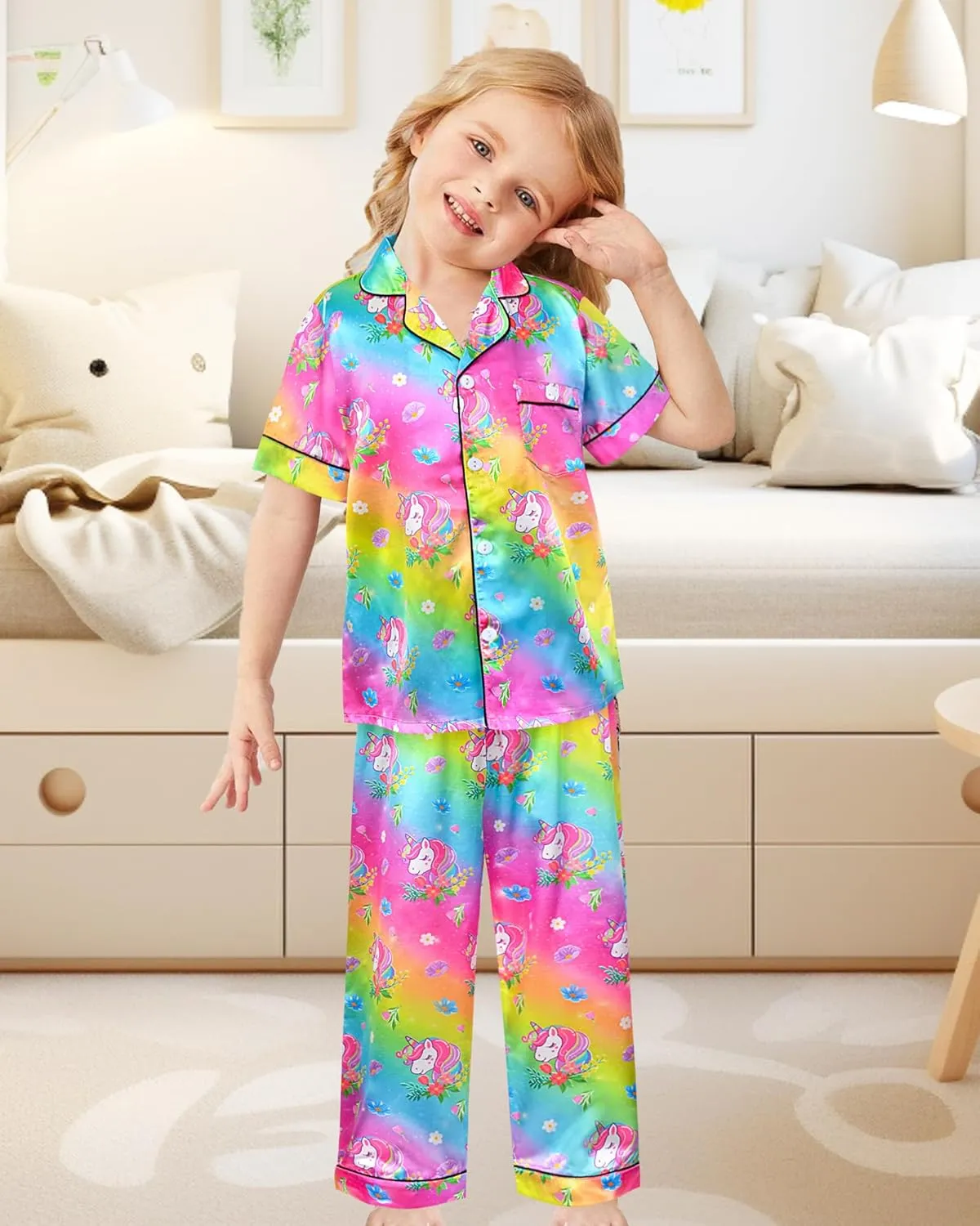Nidoul Girls Pajamas Silky Short Sleeve Long Pants Cute Jammies Satin Sleepwear Pjs Set for Toddler Kids 3T-10Y
