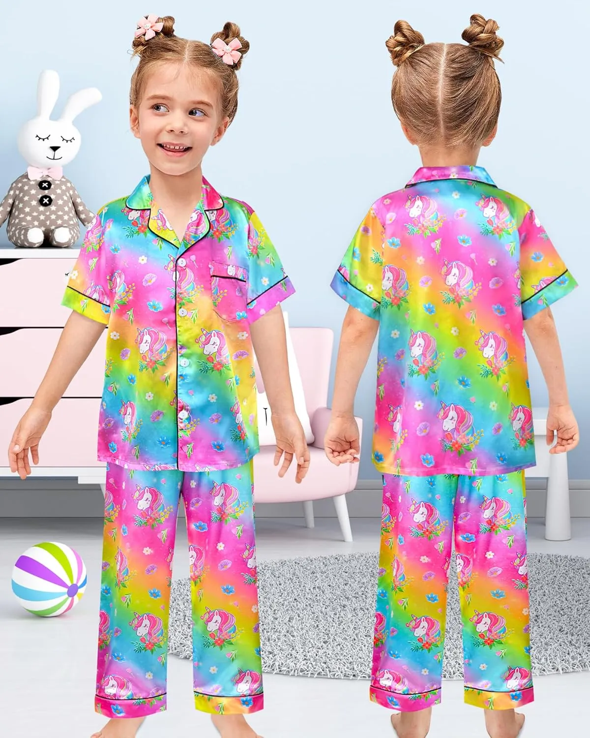 Nidoul Girls Pajamas Silky Short Sleeve Long Pants Cute Jammies Satin Sleepwear Pjs Set for Toddler Kids 3T-10Y