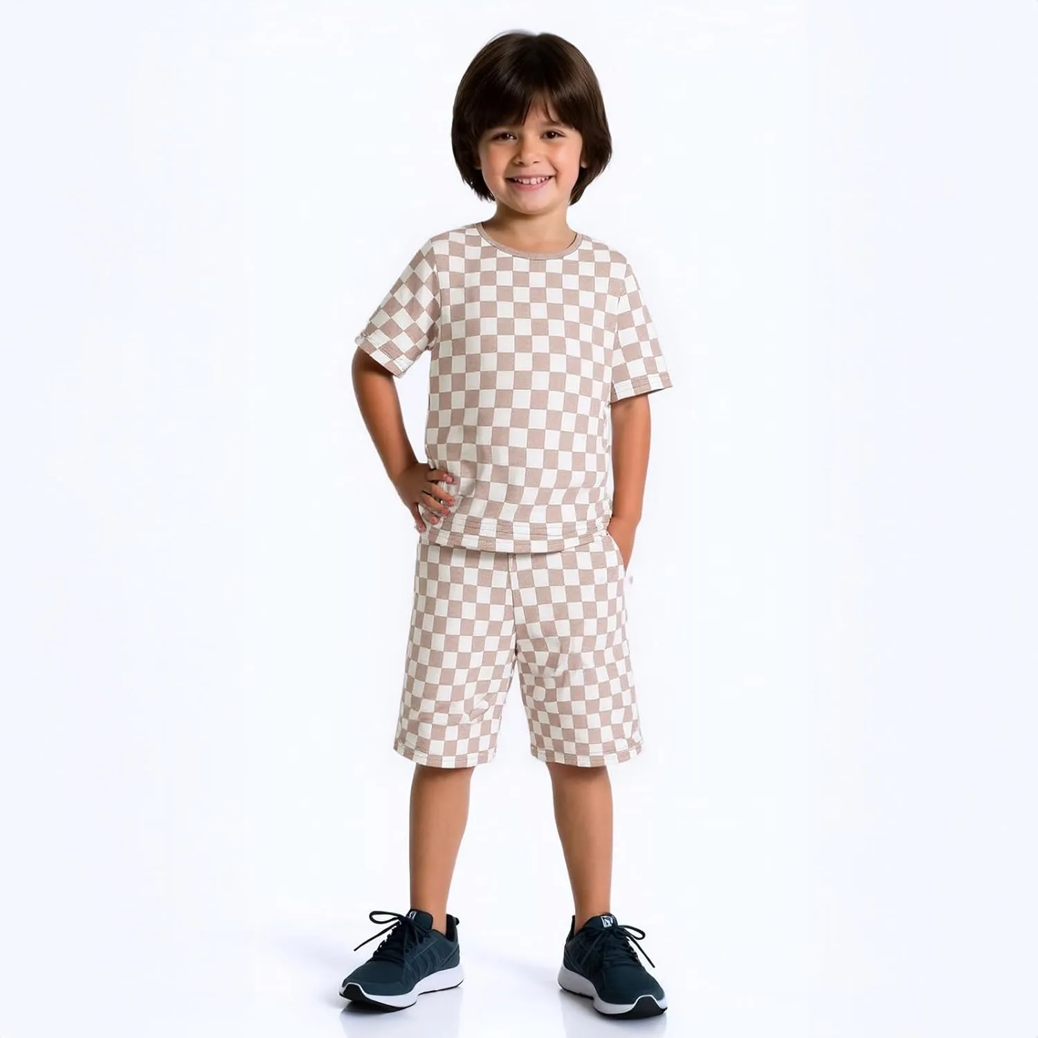 OPAWO Bamboo Pajamas Toddler Boy Clothes Checkered Tee and Shorts 2 Piece Summer Bamboo Baby Pajamas Sleepwear Pjs Set 12M-5T