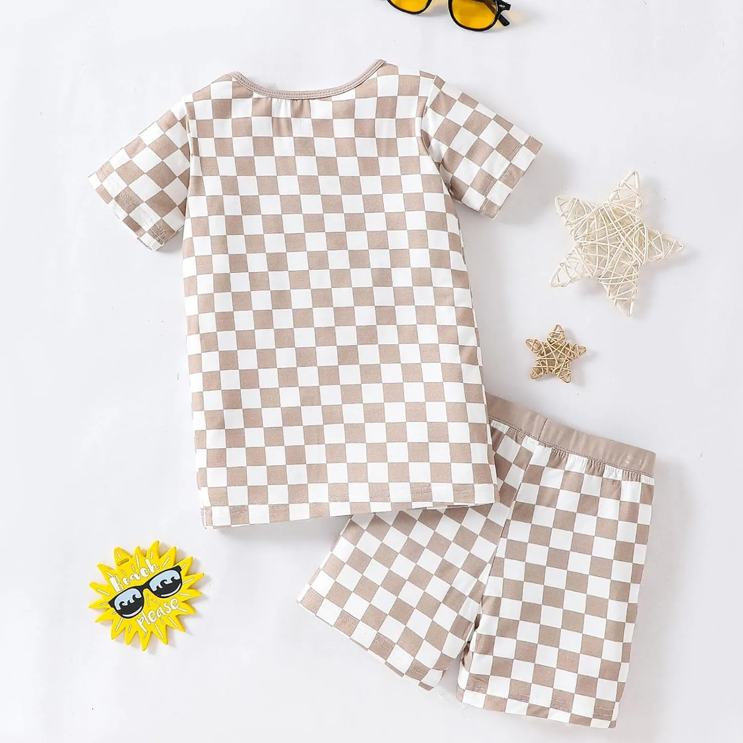 OPAWO Bamboo Pajamas Toddler Boy Clothes Checkered Tee and Shorts 2 Piece Summer Bamboo Baby Pajamas Sleepwear Pjs Set 12M-5T