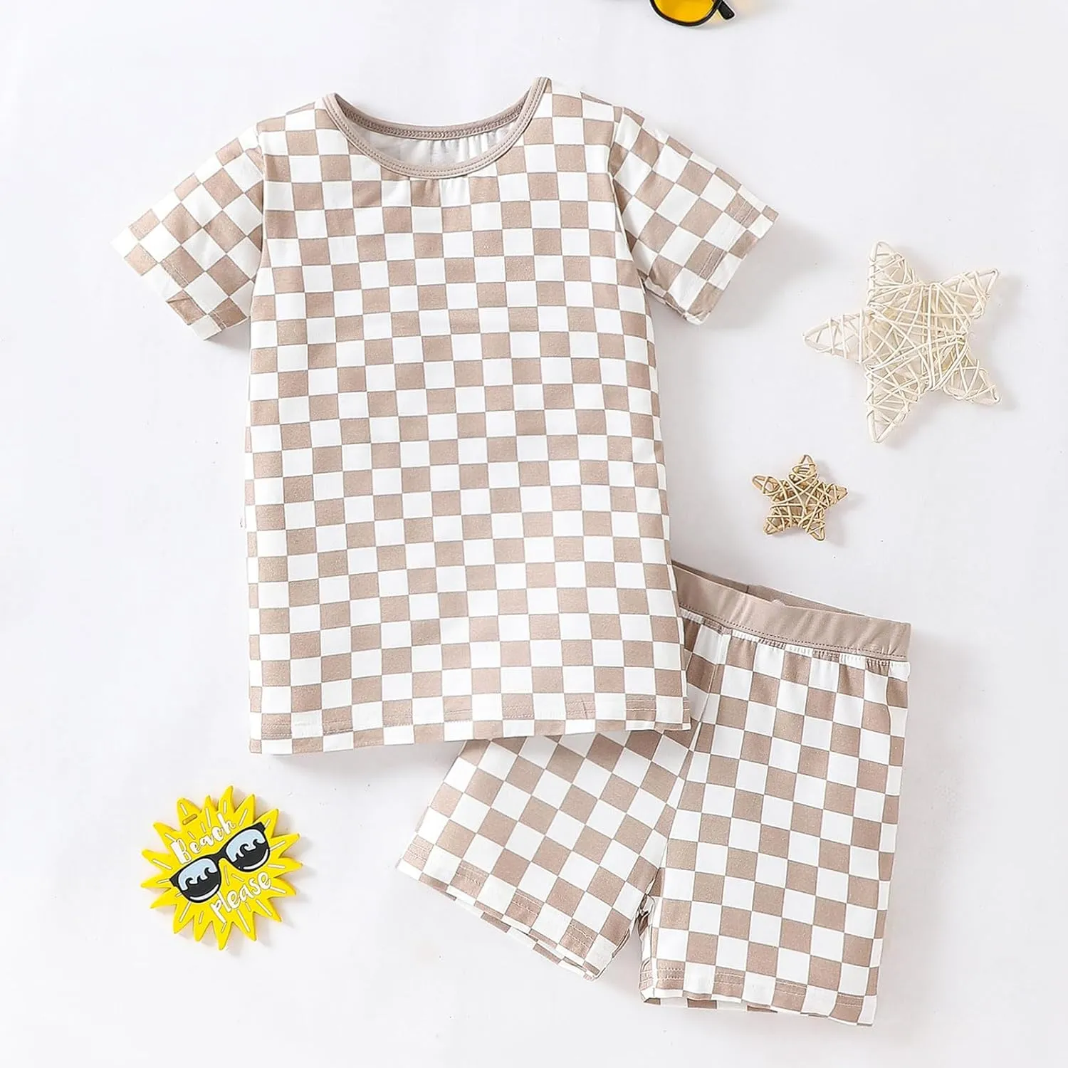 OPAWO Bamboo Pajamas Toddler Boy Clothes Checkered Tee and Shorts 2 Piece Summer Bamboo Baby Pajamas Sleepwear Pjs Set 12M-5T
