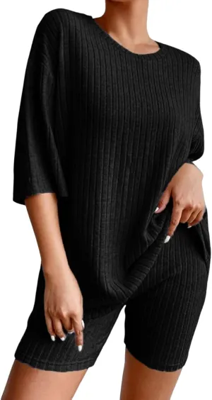 Pajamas 2 Piece Lounge Sets Ribbed Knit Matching Outfits T-Shirt Biker Shorts Sleepwear Loungewear Sweatsuits