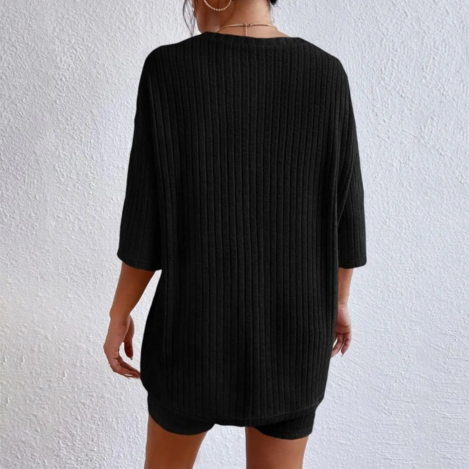 Pajamas 2 Piece Lounge Sets Ribbed Knit Matching Outfits T-Shirt Biker Shorts Sleepwear Loungewear Sweatsuits