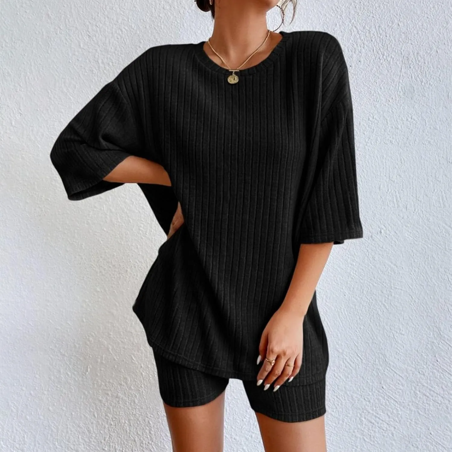 Pajamas 2 Piece Lounge Sets Ribbed Knit Matching Outfits T-Shirt Biker Shorts Sleepwear Loungewear Sweatsuits