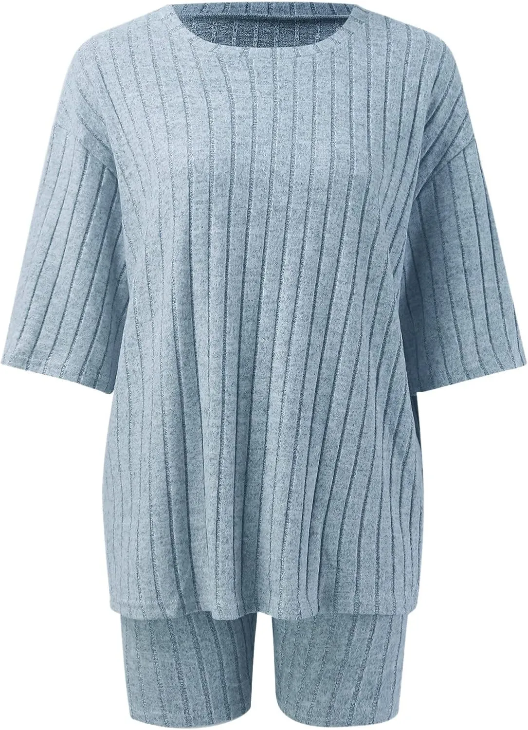 Pajamas 2 Piece Lounge Sets Ribbed Knit Matching Outfits T-Shirt Biker Shorts Sleepwear Loungewear Sweatsuits