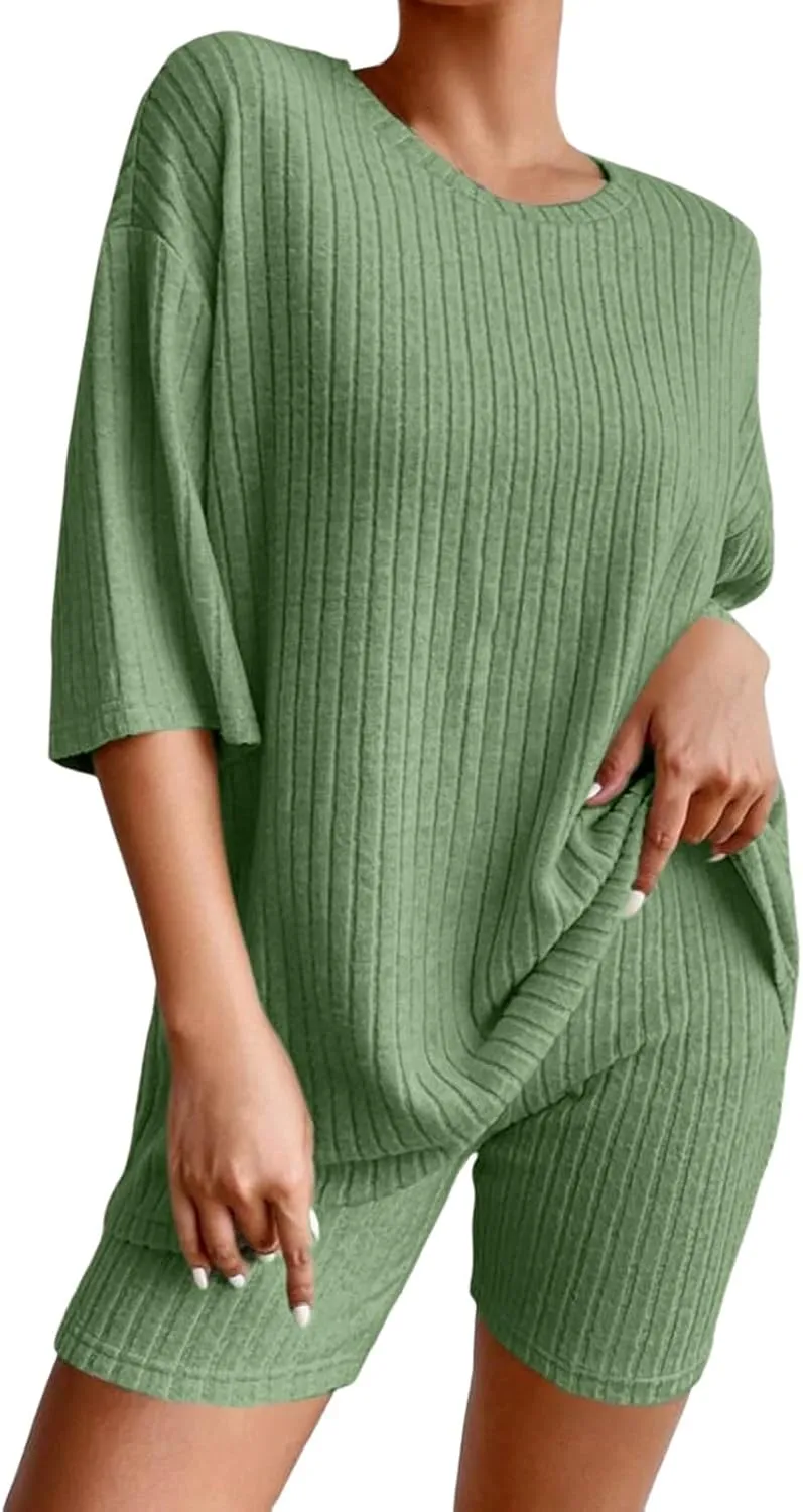 Pajamas 2 Piece Lounge Sets Ribbed Knit Matching Outfits T-Shirt Biker Shorts Sleepwear Loungewear Sweatsuits