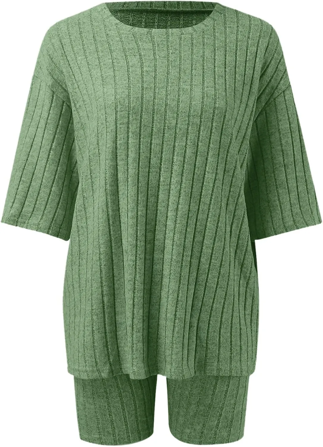 Pajamas 2 Piece Lounge Sets Ribbed Knit Matching Outfits T-Shirt Biker Shorts Sleepwear Loungewear Sweatsuits