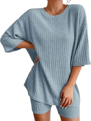 Pajamas 2 Piece Lounge Sets Ribbed Knit Matching Outfits T-Shirt Biker Shorts Sleepwear Loungewear Sweatsuits