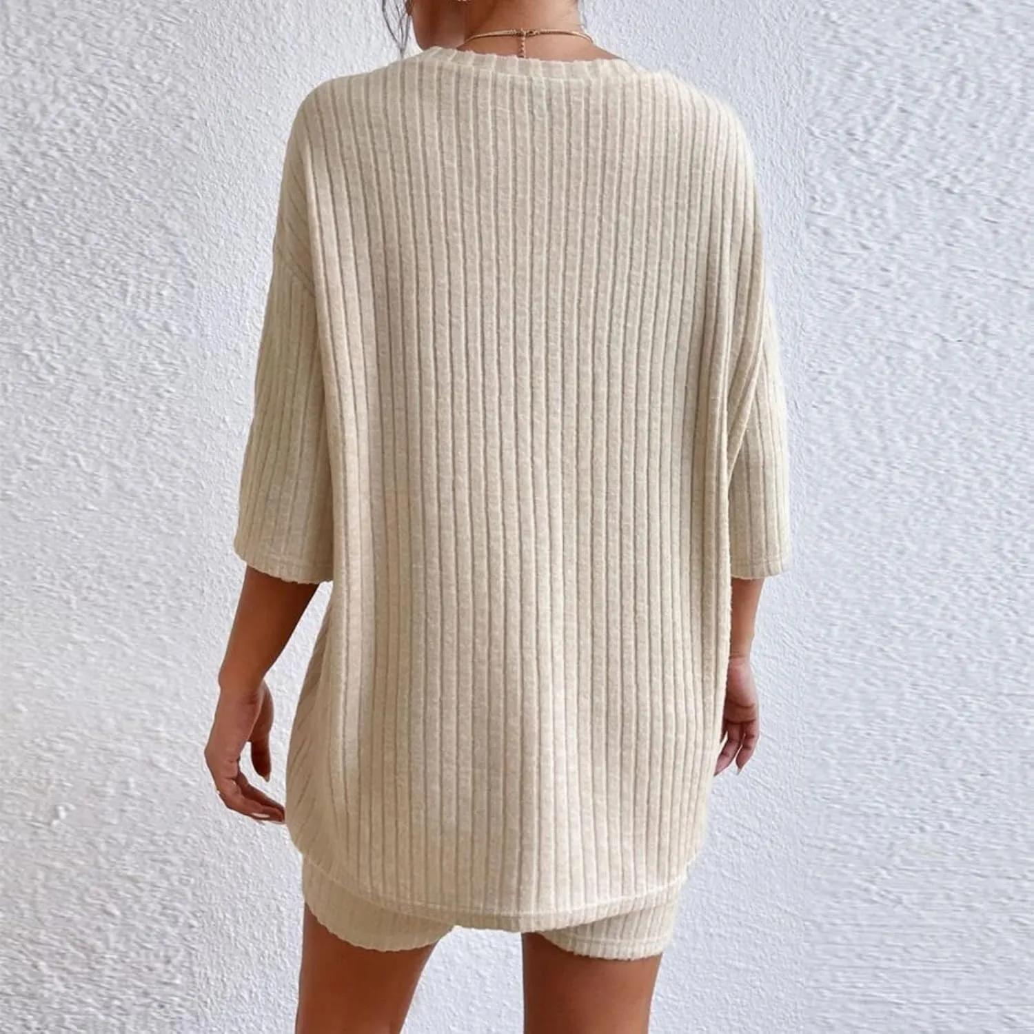 Pajamas 2 Piece Lounge Sets Ribbed Knit Matching Outfits T-Shirt Biker Shorts Sleepwear Loungewear Sweatsuits