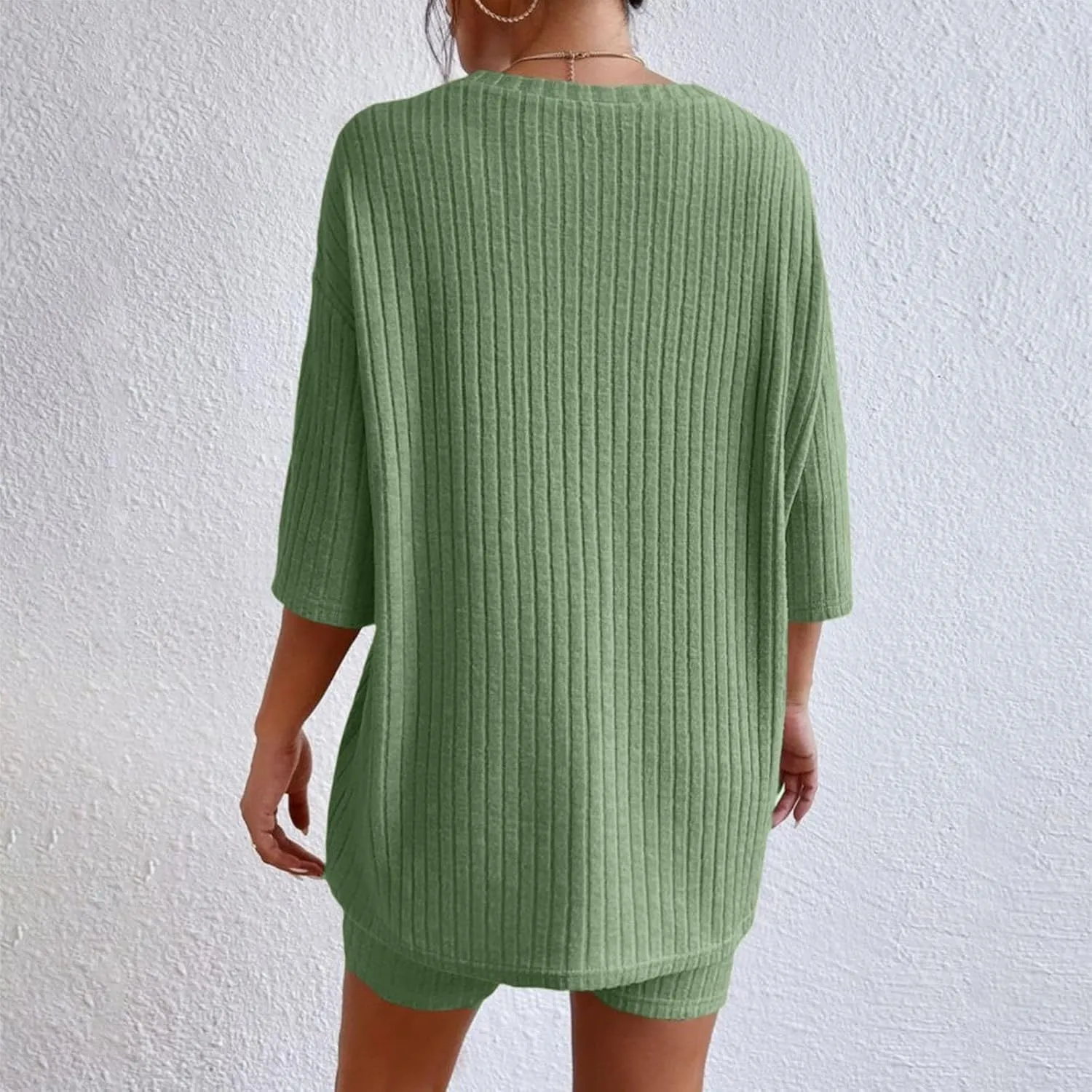 Pajamas 2 Piece Lounge Sets Ribbed Knit Matching Outfits T-Shirt Biker Shorts Sleepwear Loungewear Sweatsuits