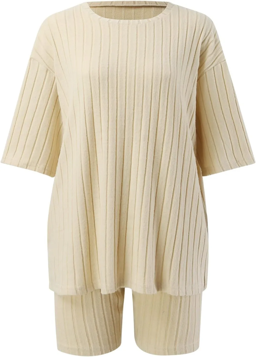 Pajamas 2 Piece Lounge Sets Ribbed Knit Matching Outfits T-Shirt Biker Shorts Sleepwear Loungewear Sweatsuits