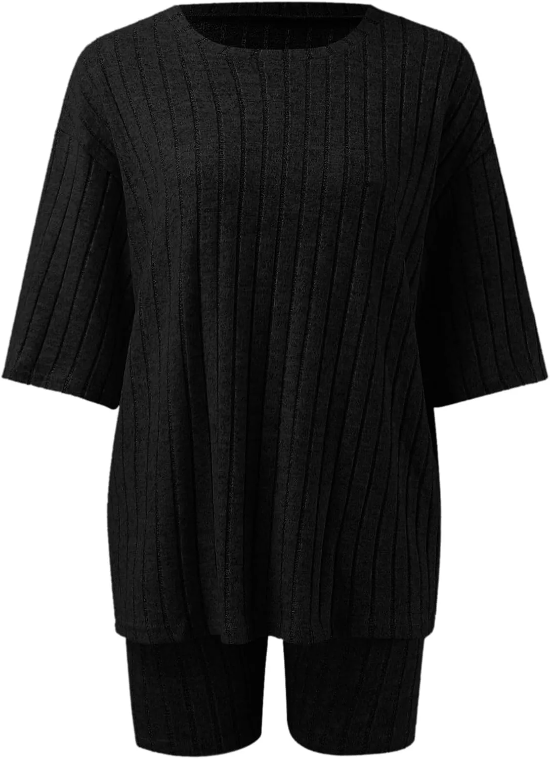 Pajamas 2 Piece Lounge Sets Ribbed Knit Matching Outfits T-Shirt Biker Shorts Sleepwear Loungewear Sweatsuits