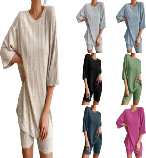 Pajamas 2 Piece Lounge Sets Ribbed Knit Matching Outfits T-Shirt Biker Shorts Sleepwear Loungewear Sweatsuits