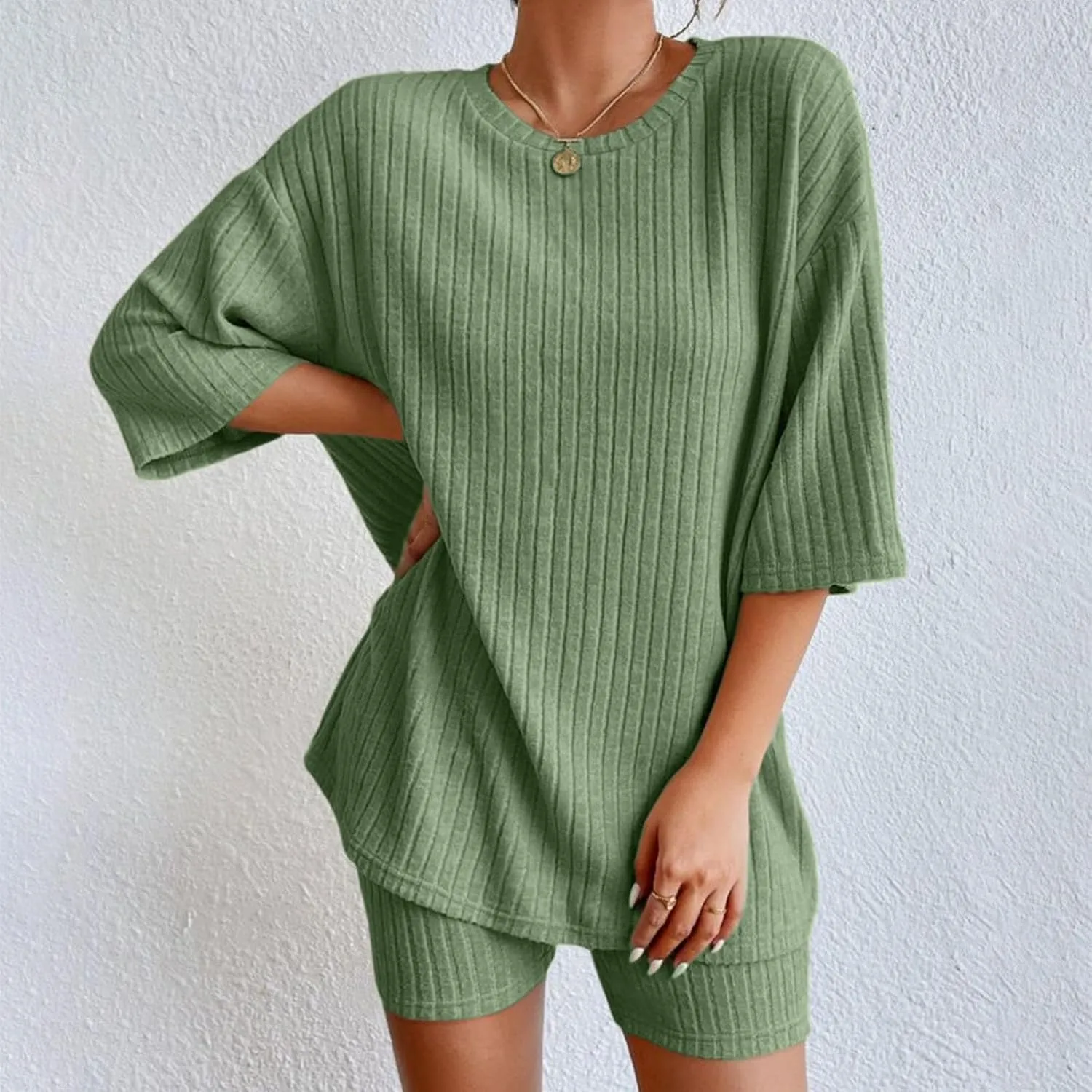 Pajamas 2 Piece Lounge Sets Ribbed Knit Matching Outfits T-Shirt Biker Shorts Sleepwear Loungewear Sweatsuits