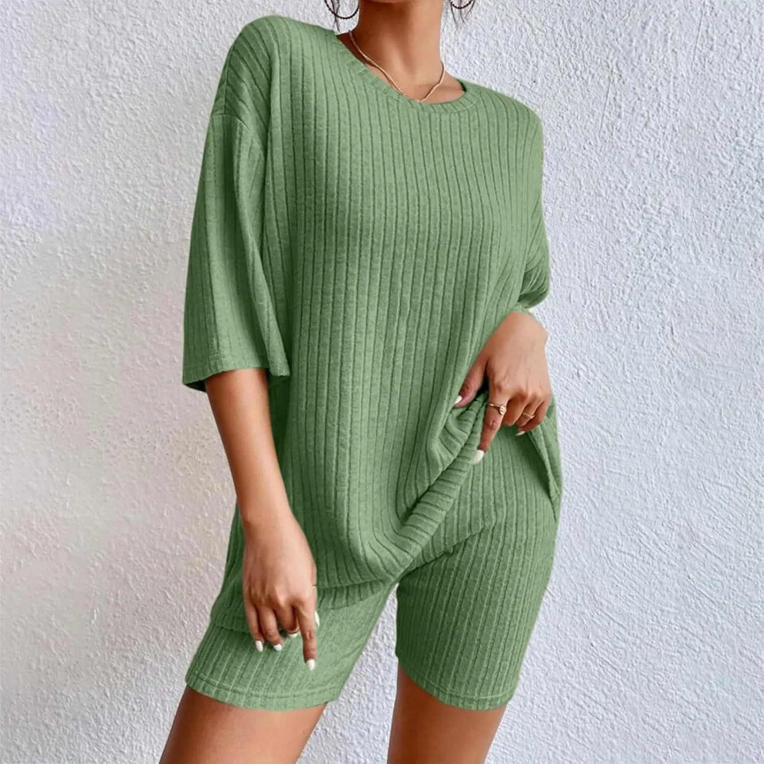 Pajamas 2 Piece Lounge Sets Ribbed Knit Matching Outfits T-Shirt Biker Shorts Sleepwear Loungewear Sweatsuits