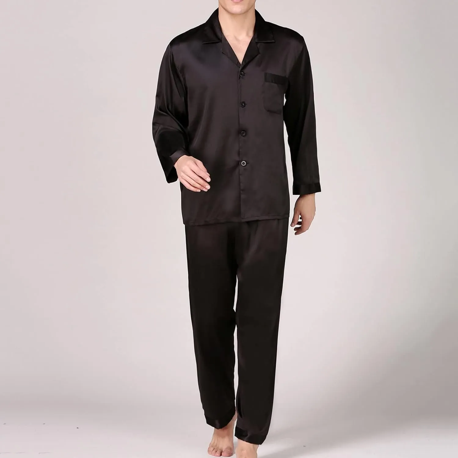 Pajamas for Men Silk Long Sleeve Button Down Sleep Shirts and Pant 2 Piece Pajama Set Loose Lounge Nightwear Sets