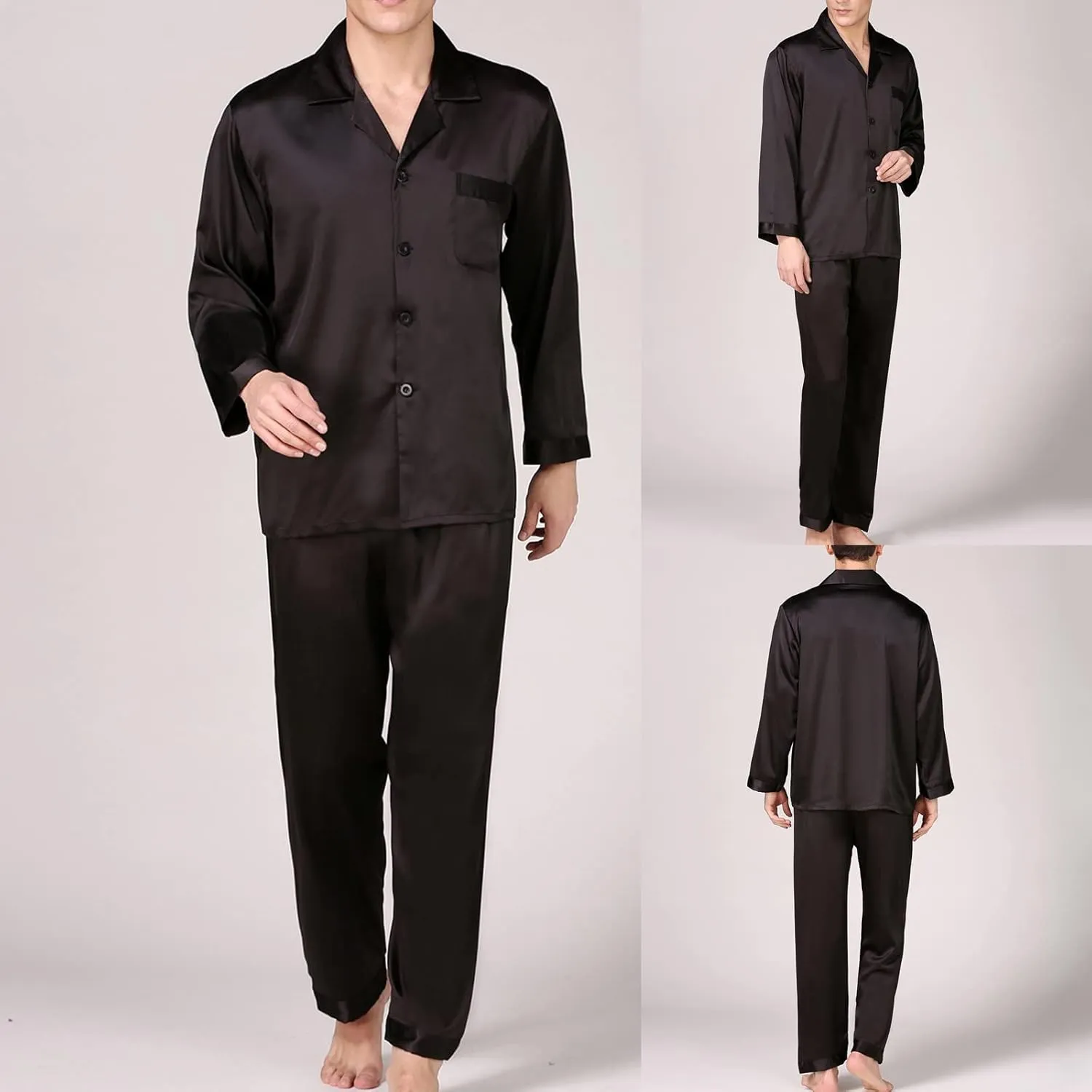 Pajamas for Men Silk Long Sleeve Button Down Sleep Shirts and Pant 2 Piece Pajama Set Loose Lounge Nightwear Sets
