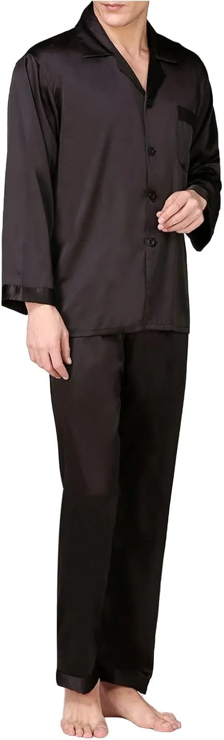 Pajamas for Men Silk Long Sleeve Button Down Sleep Shirts and Pant 2 Piece Pajama Set Loose Lounge Nightwear Sets