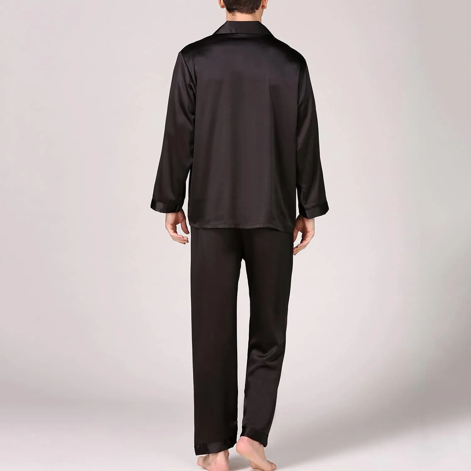 Pajamas for Men Silk Long Sleeve Button Down Sleep Shirts and Pant 2 Piece Pajama Set Loose Lounge Nightwear Sets