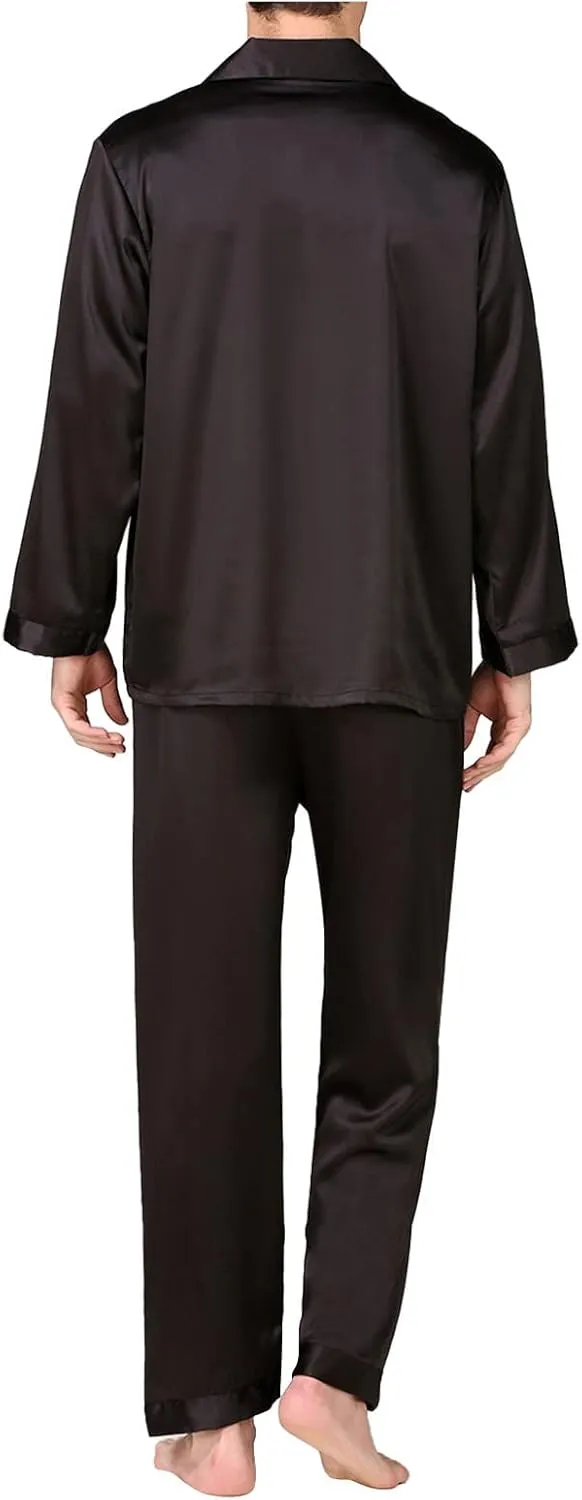 Pajamas for Men Silk Long Sleeve Button Down Sleep Shirts and Pant 2 Piece Pajama Set Loose Lounge Nightwear Sets