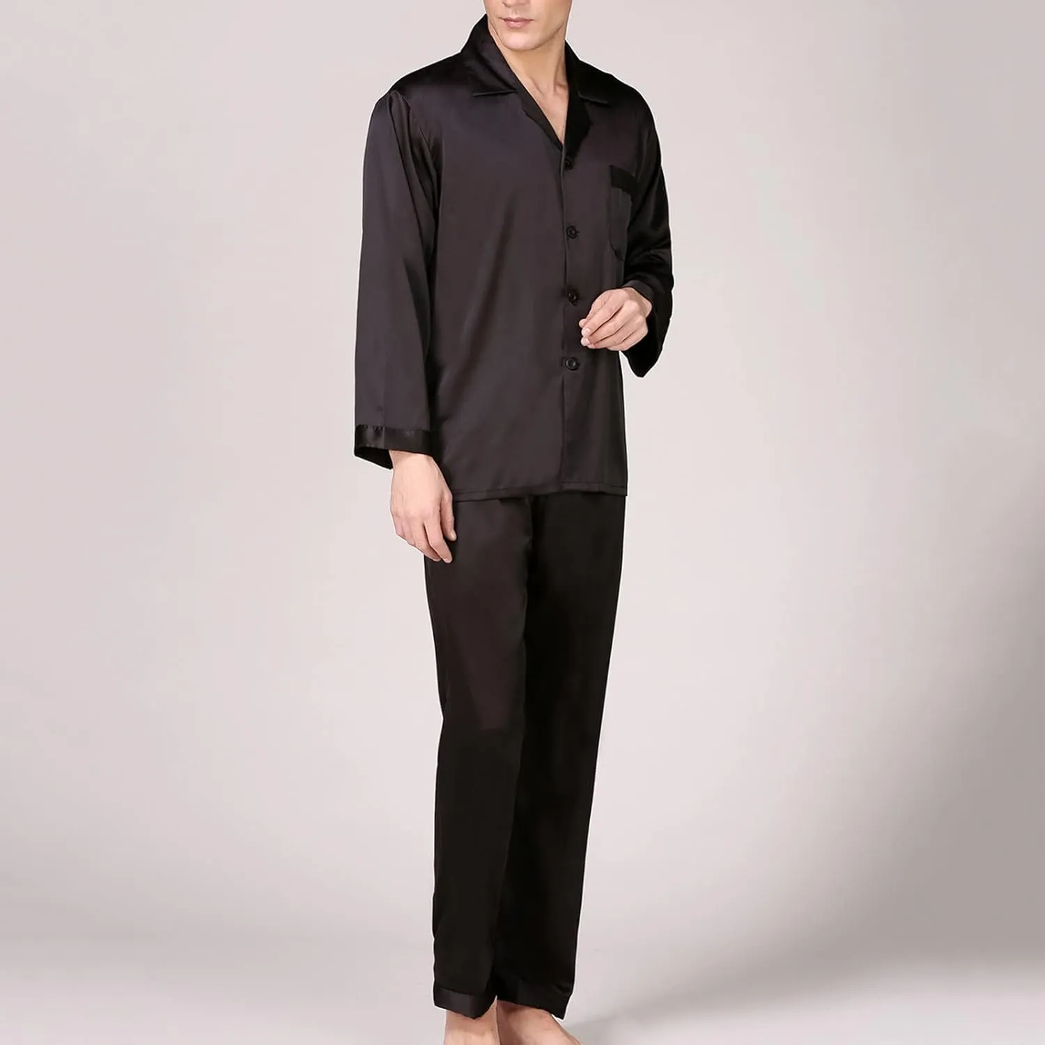 Pajamas for Men Silk Long Sleeve Button Down Sleep Shirts and Pant 2 Piece Pajama Set Loose Lounge Nightwear Sets