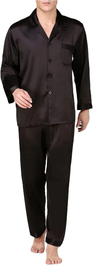 Pajamas for Men Silk Long Sleeve Button Down Sleep Shirts and Pant 2 Piece Pajama Set Loose Lounge Nightwear Sets