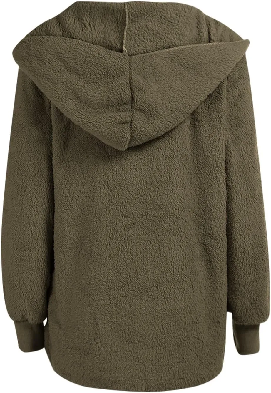 PETYCZEN Womens Fleece Jacket Winter Fuzzy Sherpa Lined Open Front Long Cardigan Coats Thermal Hooded Jackets with Pockets