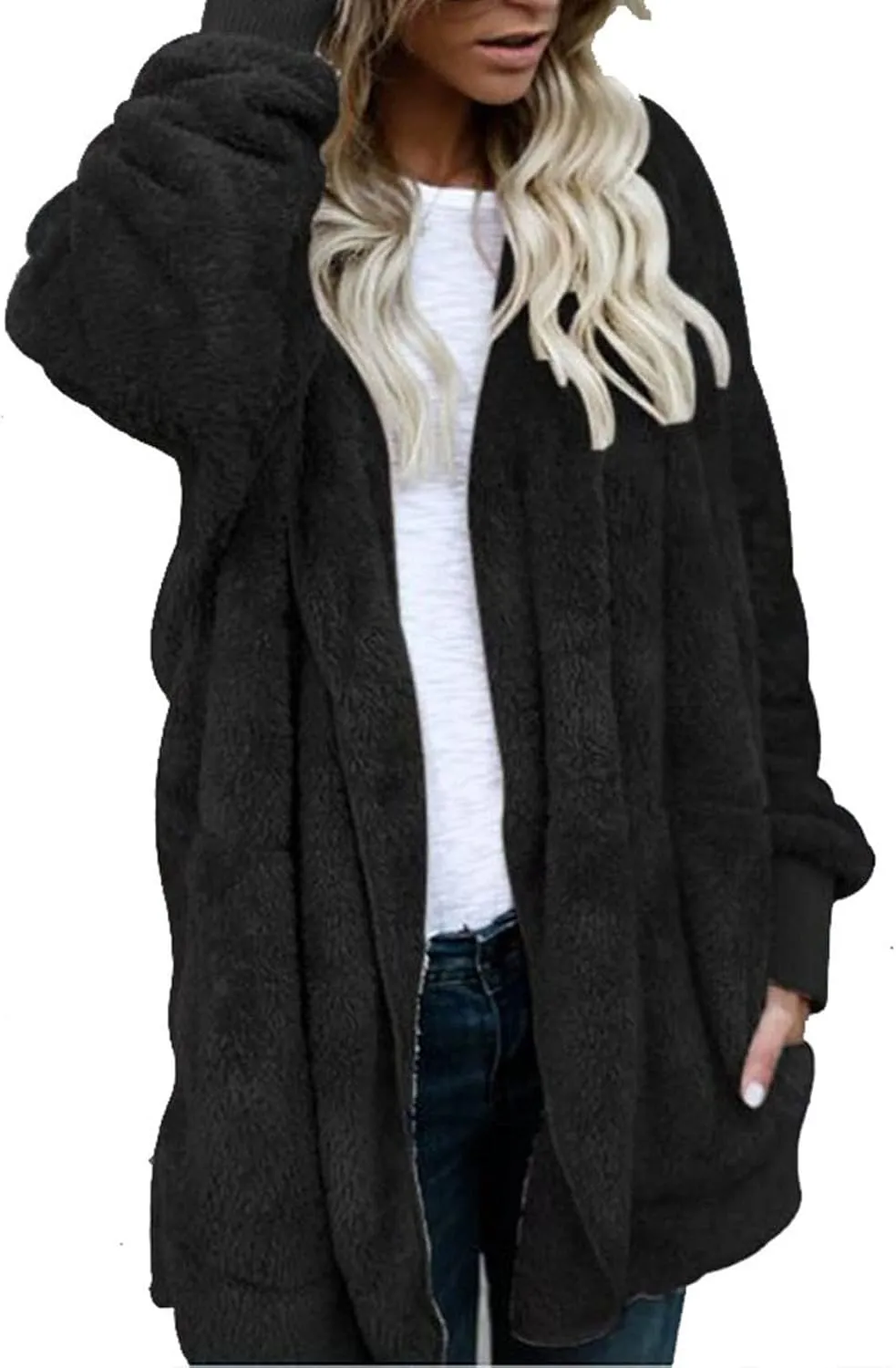 PETYCZEN Womens Fleece Jacket Winter Fuzzy Sherpa Lined Open Front Long Cardigan Coats Thermal Hooded Jackets with Pockets