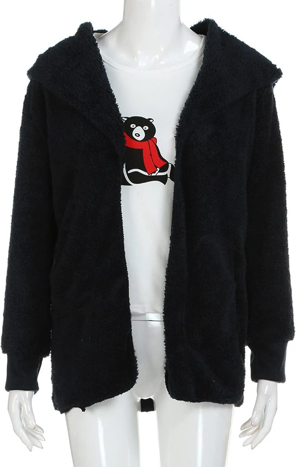 PETYCZEN Womens Fleece Jacket Winter Fuzzy Sherpa Lined Open Front Long Cardigan Coats Thermal Hooded Jackets with Pockets
