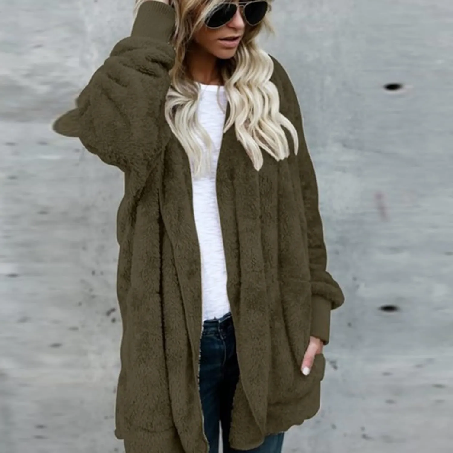 PETYCZEN Womens Fleece Jacket Winter Fuzzy Sherpa Lined Open Front Long Cardigan Coats Thermal Hooded Jackets with Pockets