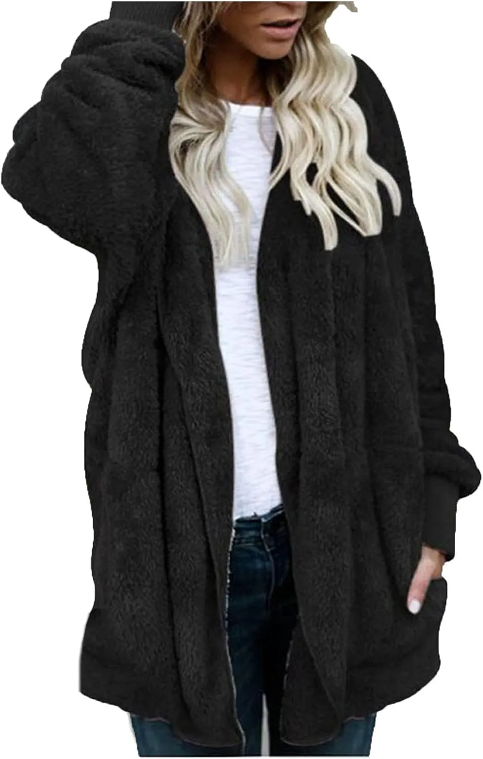 PETYCZEN Womens Fleece Jacket Winter Fuzzy Sherpa Lined Open Front Long Cardigan Coats Thermal Hooded Jackets with Pockets