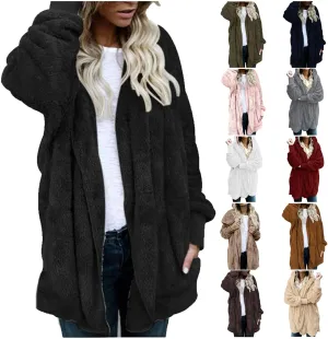 PETYCZEN Womens Fleece Jacket Winter Fuzzy Sherpa Lined Open Front Long Cardigan Coats Thermal Hooded Jackets with Pockets