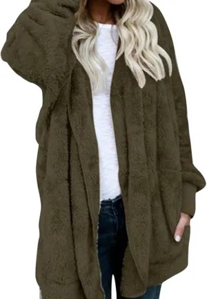 PETYCZEN Womens Fleece Jacket Winter Fuzzy Sherpa Lined Open Front Long Cardigan Coats Thermal Hooded Jackets with Pockets
