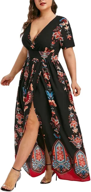 Plus Size Dresses for Curvy Women,2024 Spring Summer Elegant Wrap V Neck Bodycon Maxi Dress,Trendy Vintage Floral Print Short Sleeve Boho Dress,Flowy Ruched High Slit Beach Dress(D-Black,3XL)