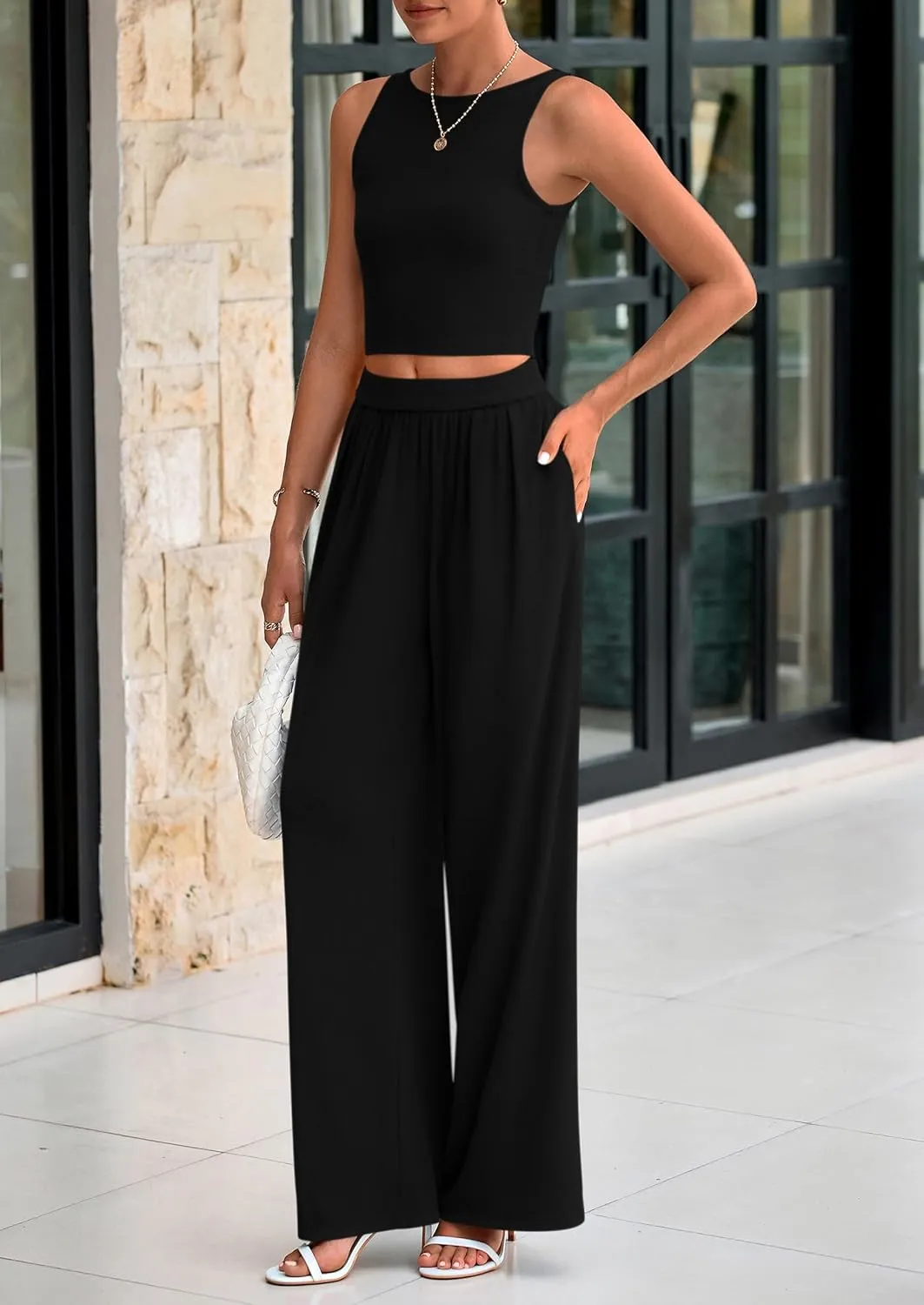 PRETTYGARDEN Spring Two Piece Sets For Women 2025 Ribbed Knit Crew Neck Sleeveless Tank Tops Wide Leg Pants Casual Lounge Set
