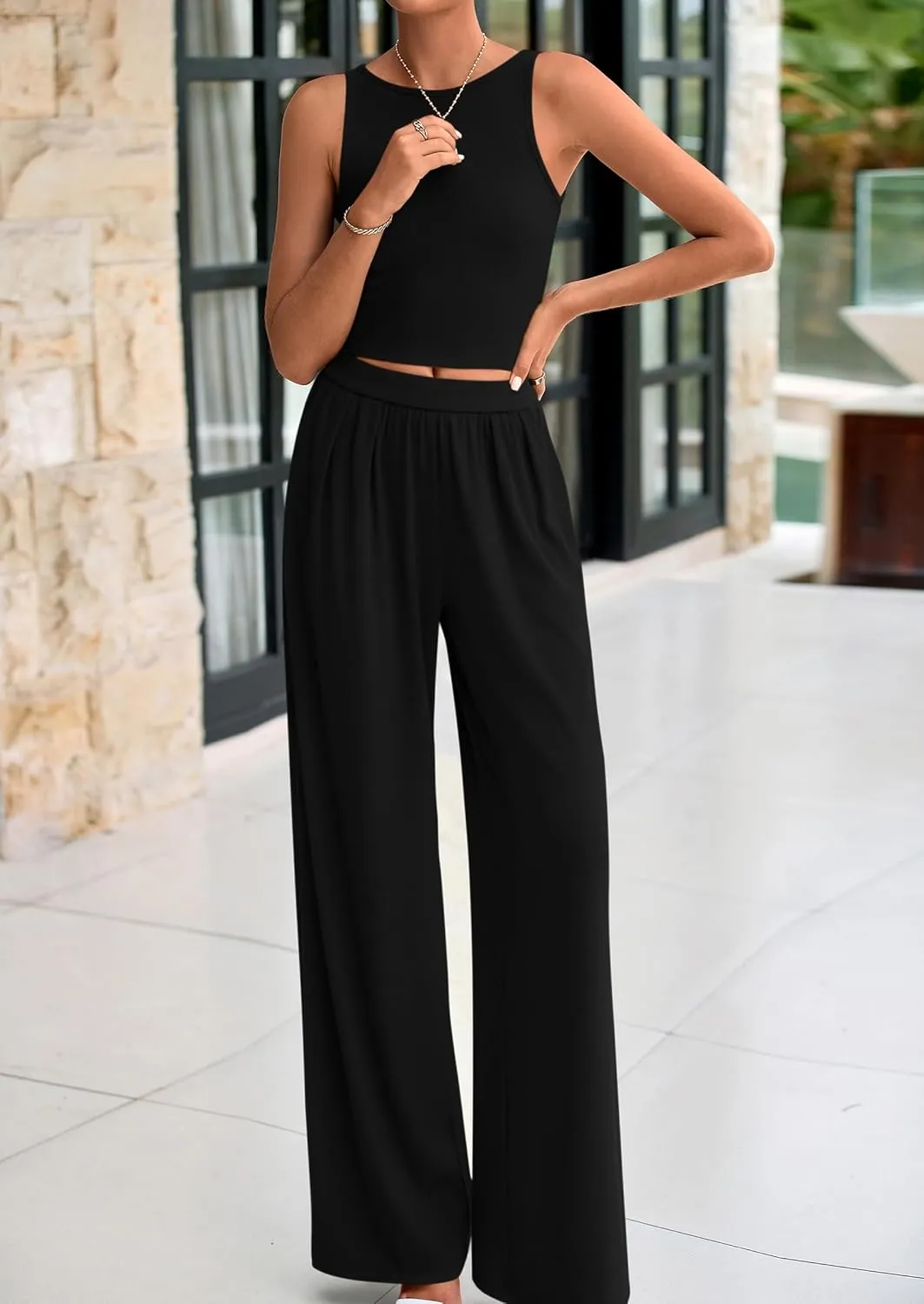 PRETTYGARDEN Spring Two Piece Sets For Women 2025 Ribbed Knit Crew Neck Sleeveless Tank Tops Wide Leg Pants Casual Lounge Set
