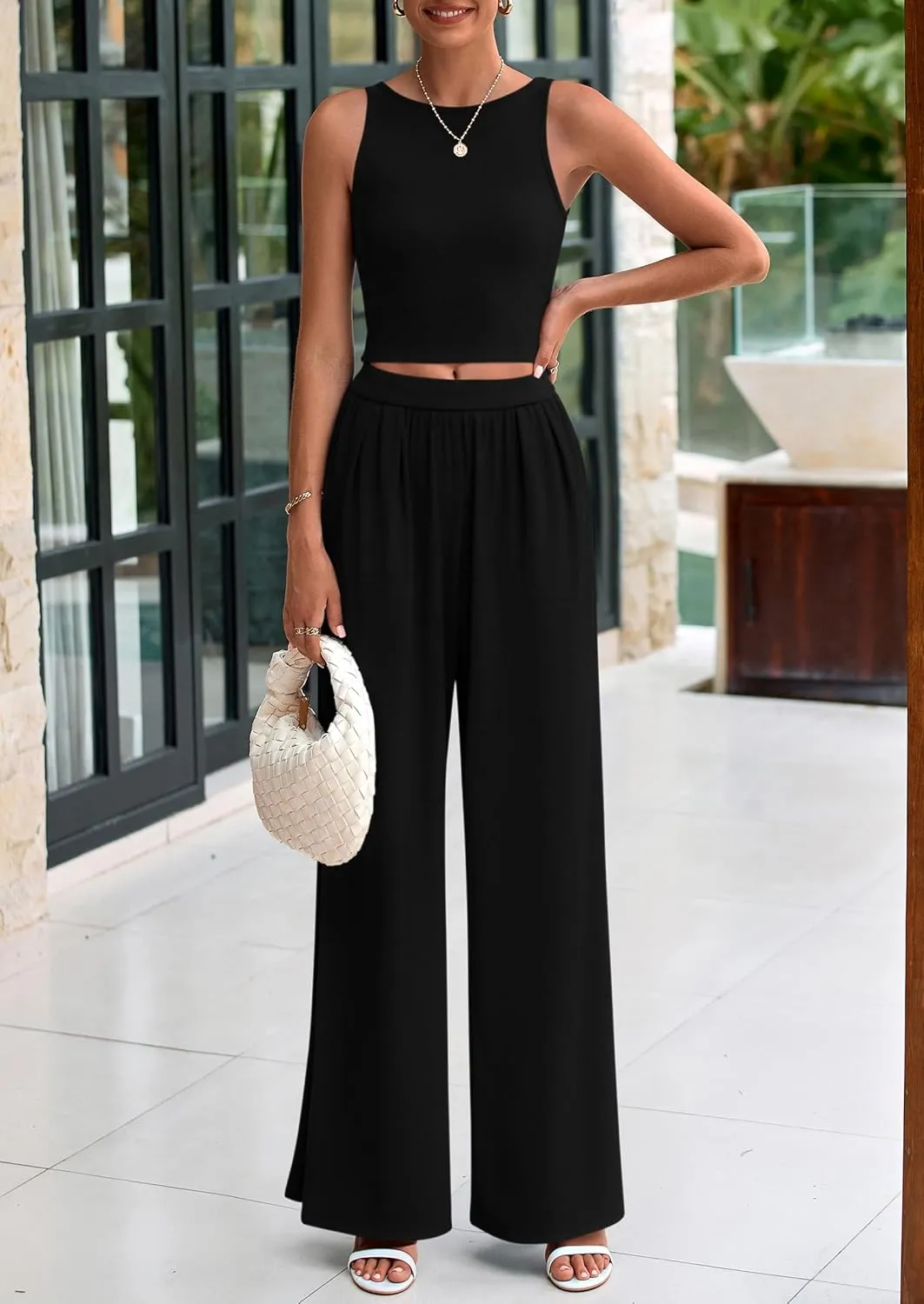 PRETTYGARDEN Spring Two Piece Sets For Women 2025 Ribbed Knit Crew Neck Sleeveless Tank Tops Wide Leg Pants Casual Lounge Set