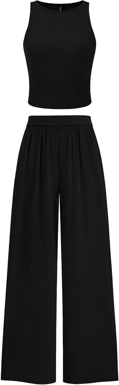 PRETTYGARDEN Spring Two Piece Sets For Women 2025 Ribbed Knit Crew Neck Sleeveless Tank Tops Wide Leg Pants Casual Lounge Set