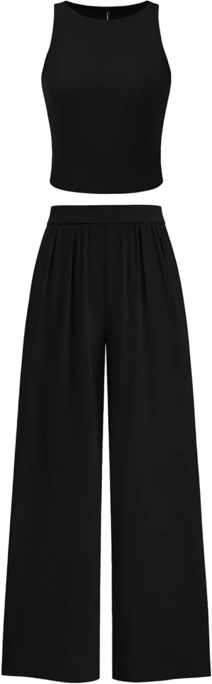 PRETTYGARDEN Spring Two Piece Sets For Women 2025 Ribbed Knit Crew Neck Sleeveless Tank Tops Wide Leg Pants Casual Lounge Set