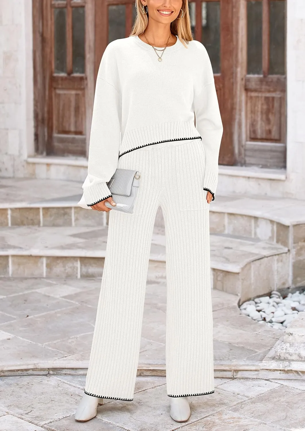 PRETTYGARDEN Women's 2 Piece Fall Outfits Long Sleeve Crop Top Wide Leg Pants Knit Pullover Sweater Lounge Set