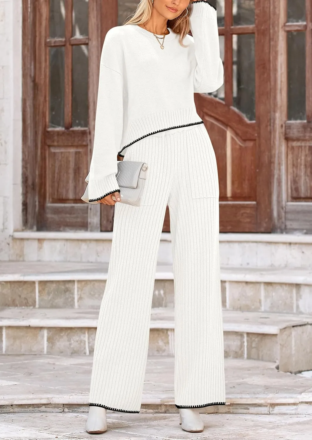 PRETTYGARDEN Women's 2 Piece Fall Outfits Long Sleeve Crop Top Wide Leg Pants Knit Pullover Sweater Lounge Set