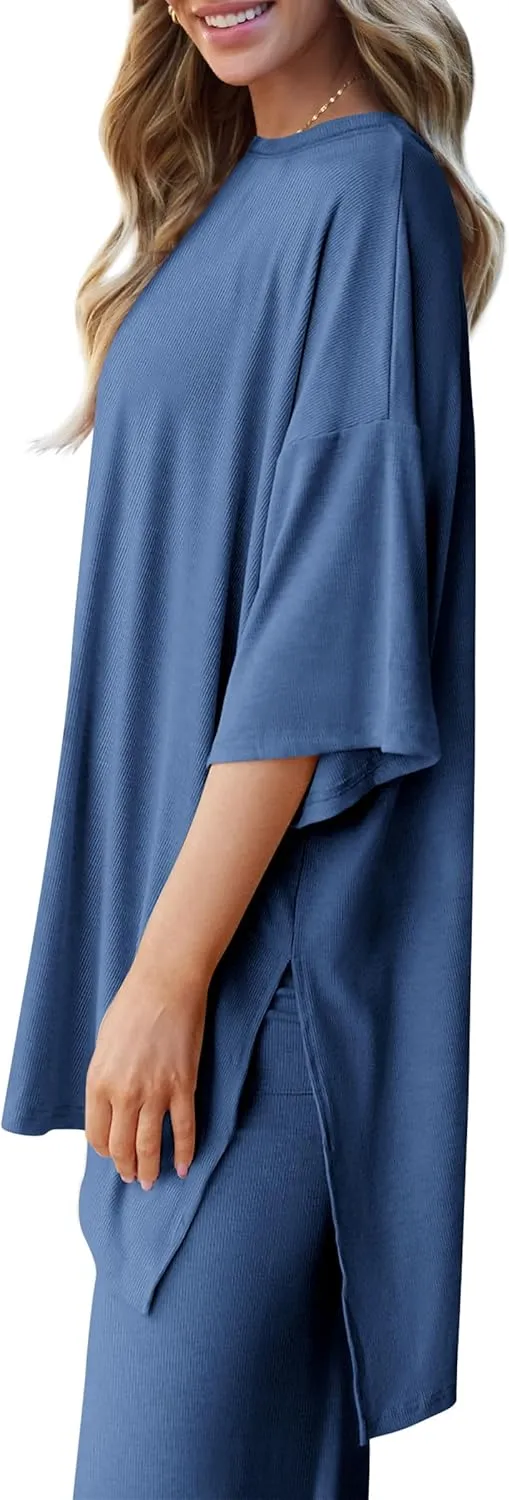 PRETTYGARDEN Women's 2 Piece Outfits Casual Short Sleeve Pullover Tops and Wide Leg Pants Lounge Sets Tracksuits