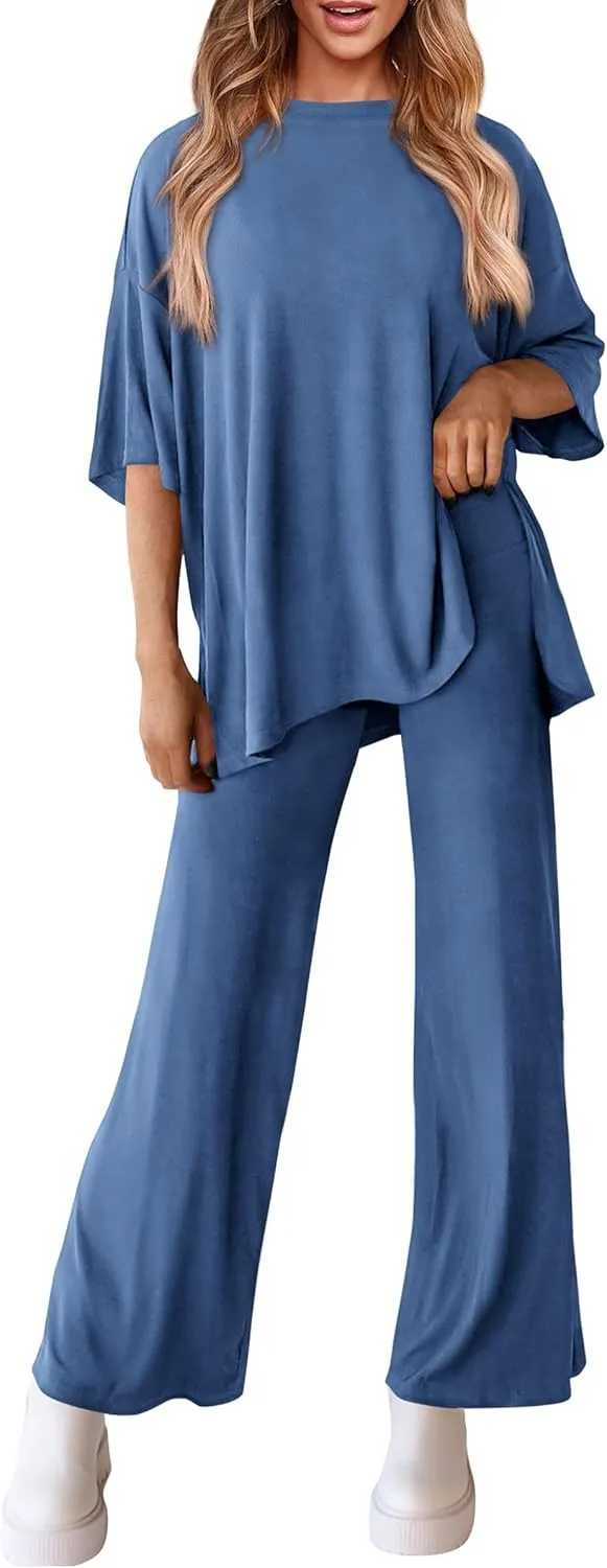 PRETTYGARDEN Women's 2 Piece Outfits Casual Short Sleeve Pullover Tops and Wide Leg Pants Lounge Sets Tracksuits