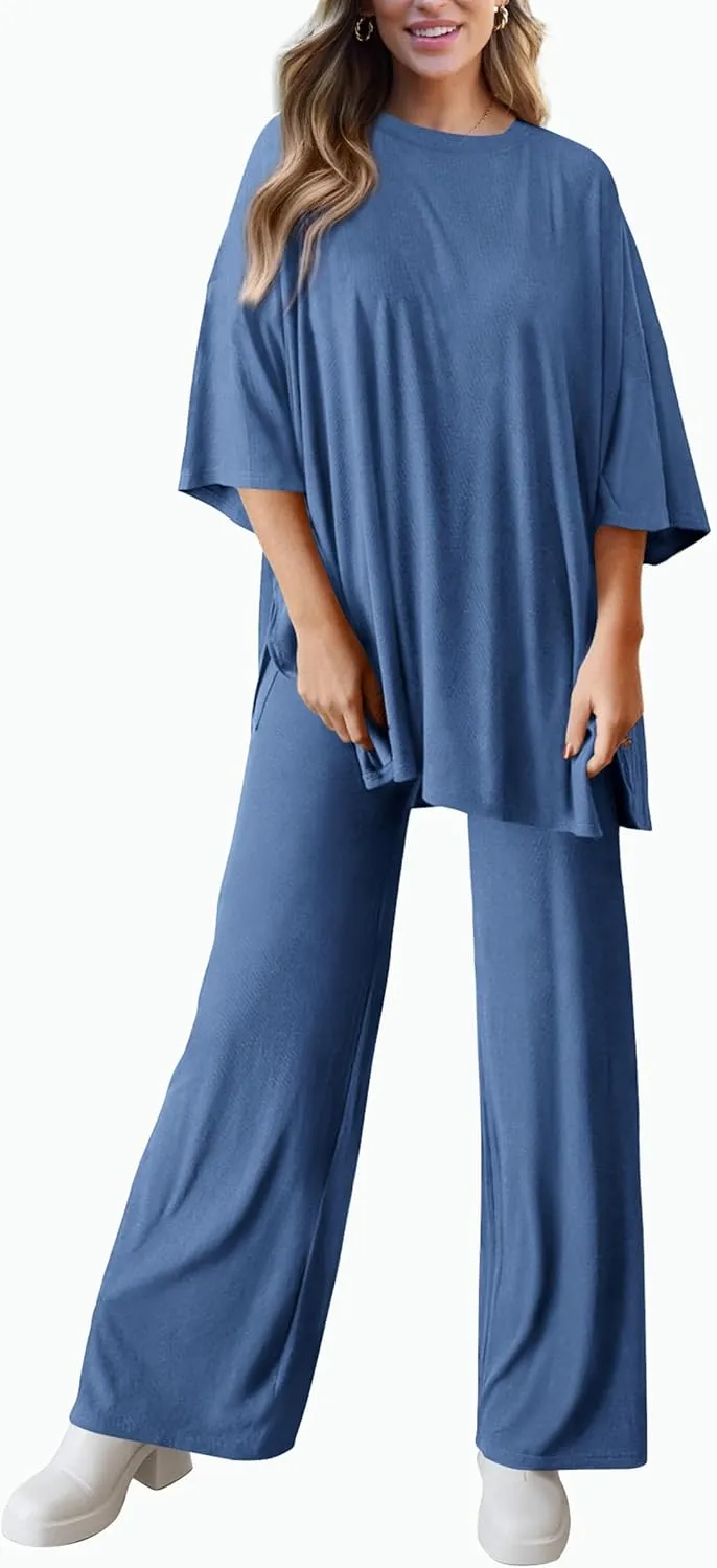 PRETTYGARDEN Women's 2 Piece Outfits Casual Short Sleeve Pullover Tops and Wide Leg Pants Lounge Sets Tracksuits