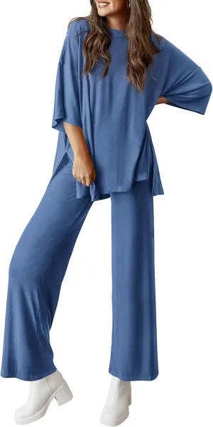 PRETTYGARDEN Women's 2 Piece Outfits Casual Short Sleeve Pullover Tops and Wide Leg Pants Lounge Sets Tracksuits