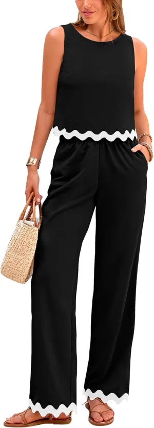 PRETTYGARDEN Women's 2 Piece Outfits Smmer Casual Sleeveless Tank Crop Top Pants Sets Tracksuit